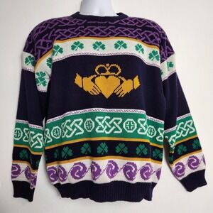Emerald Isle Claddagh Sweater Mens M Made in Ireland Celtic Shamrock Knit Navy